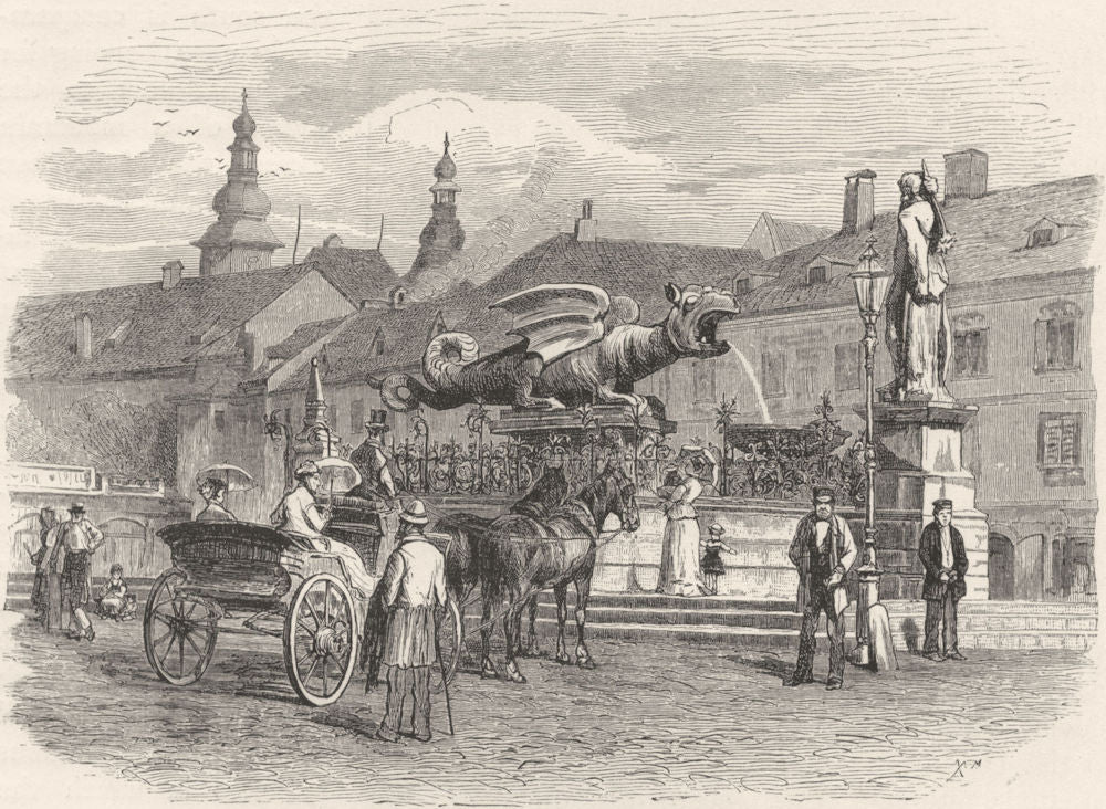 AUSTRIA. Tyrol & Eastern Alps. Klagenfurt. Dragon Fountain c1893 old print